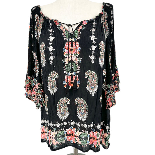 Bila Peasant Tunic Top Womens XXL Black Floral Boho Paisley 3/4 Sleeve Rayon