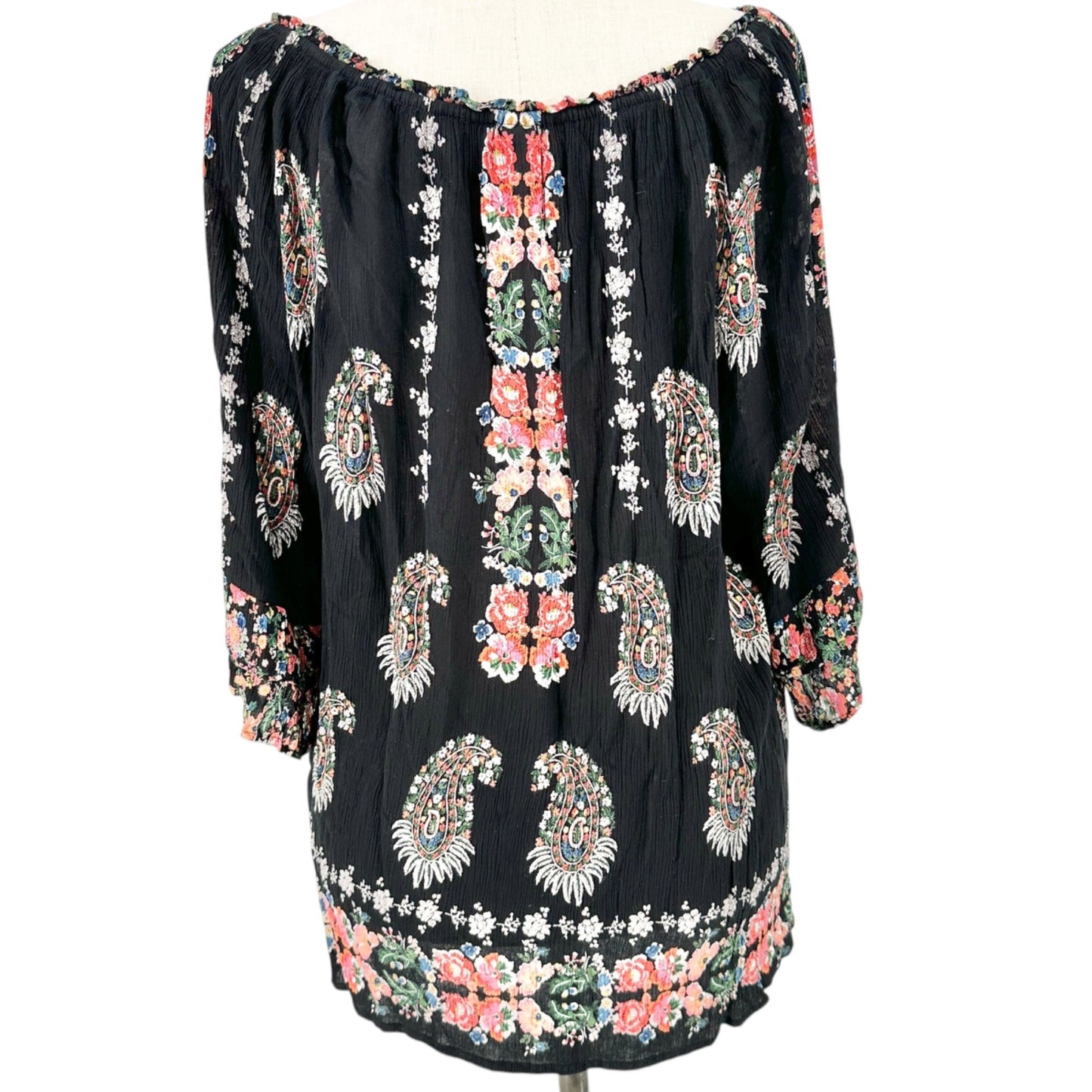 Bila Peasant Tunic Top Womens XXL Black Floral Boho Paisley 3/4 Sleeve Rayon