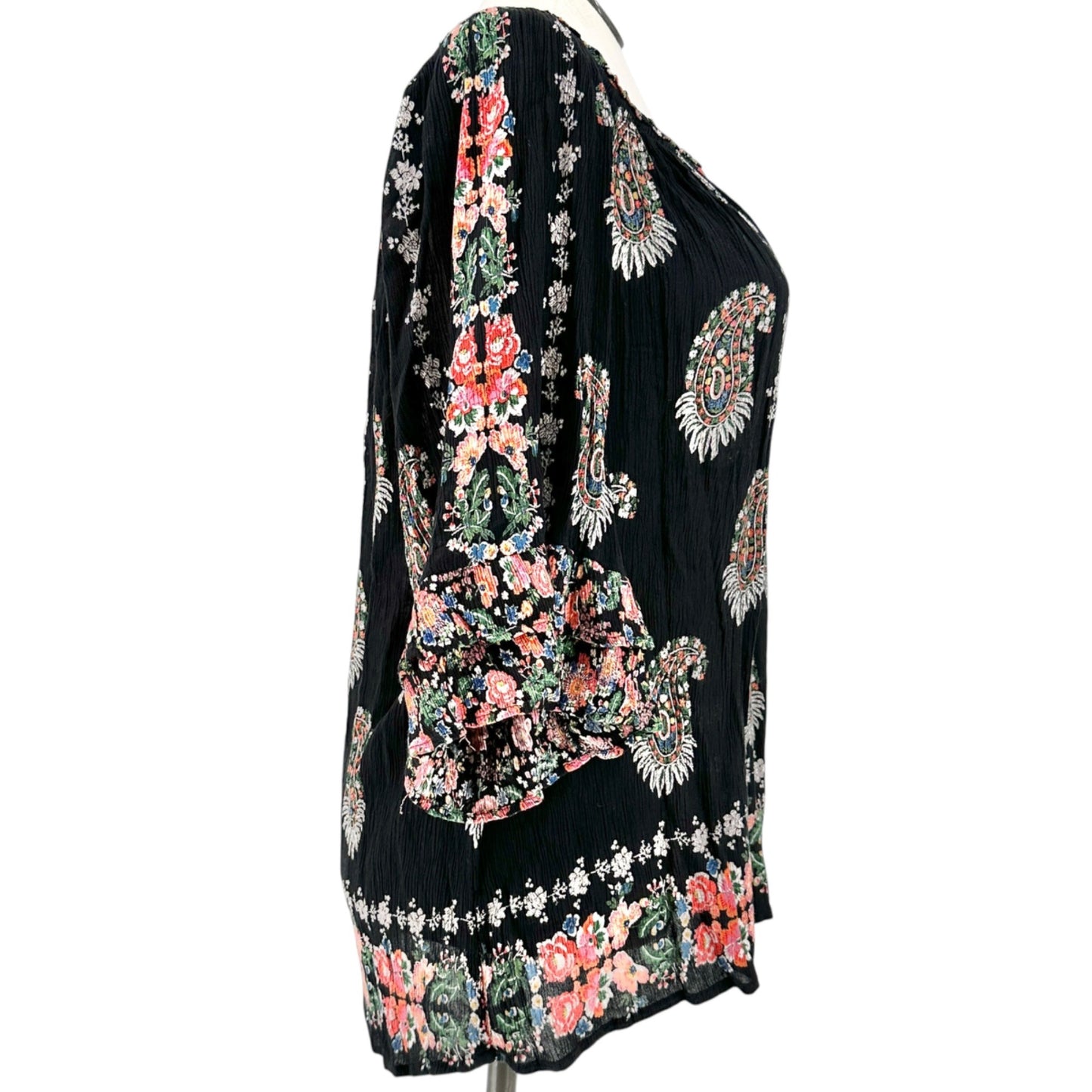 Bila Peasant Tunic Top Womens XXL Black Floral Boho Paisley 3/4 Sleeve Rayon