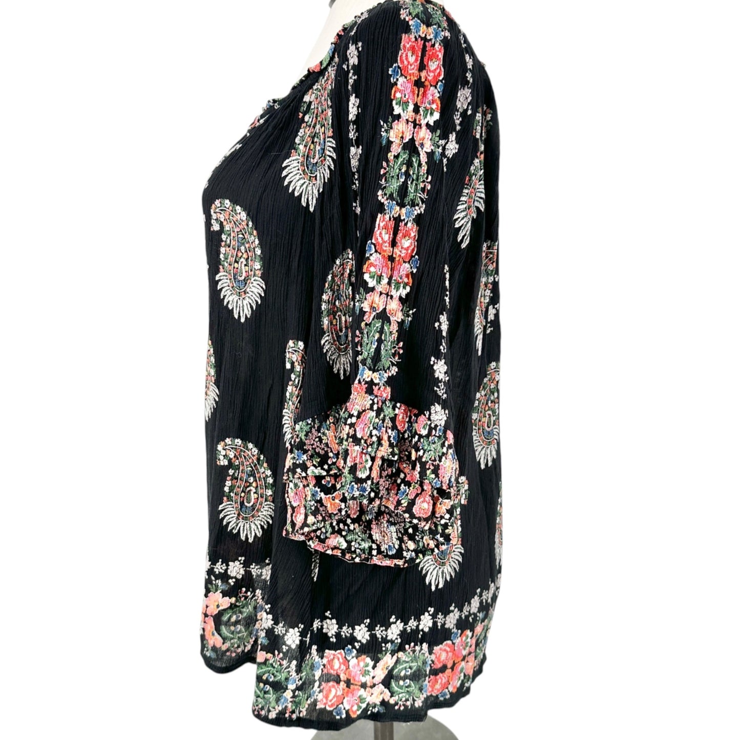 Bila Peasant Tunic Top Womens XXL Black Floral Boho Paisley 3/4 Sleeve Rayon