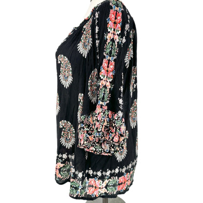 Bila Peasant Tunic Top Womens XXL Black Floral Boho Paisley 3/4 Sleeve Rayon