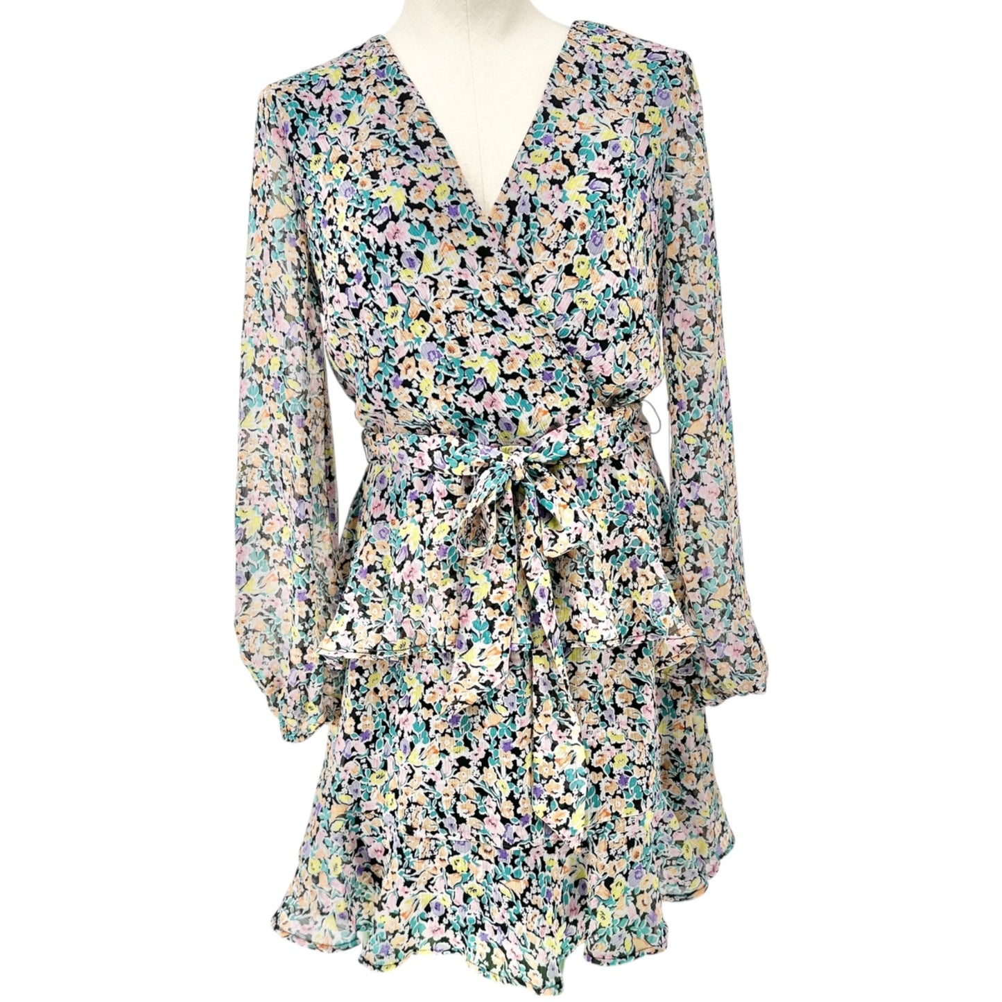 Leith Dress Womens M Blue Ditsy Floral Tie-Waist Ruffled Hem Sheer Long Sleeves