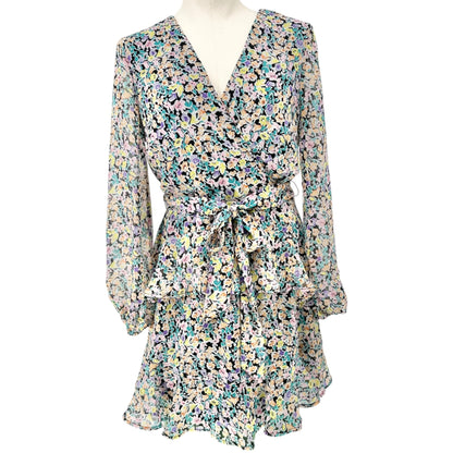 Leith Dress Womens M Blue Ditsy Floral Tie-Waist Ruffled Hem Sheer Long Sleeves