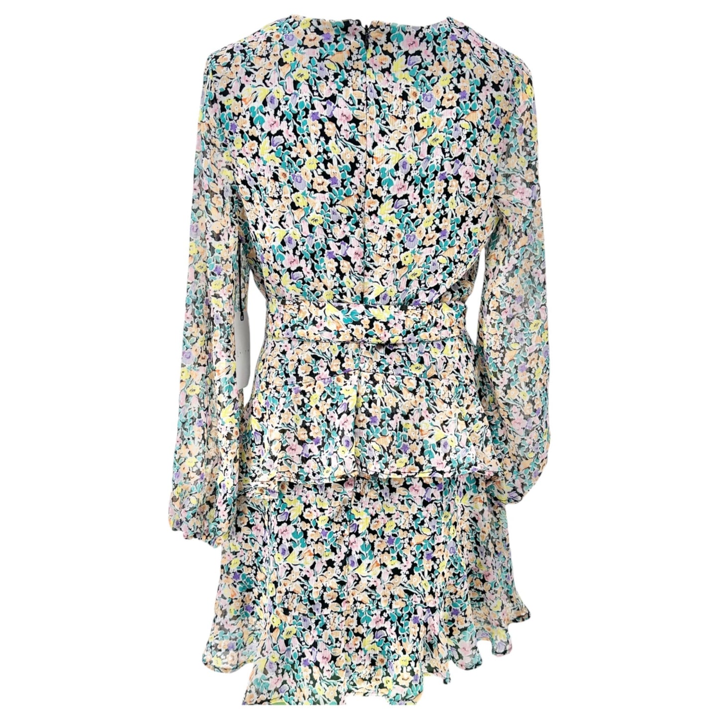 Leith Dress Womens M Blue Ditsy Floral Tie-Waist Ruffled Hem Sheer Long Sleeves