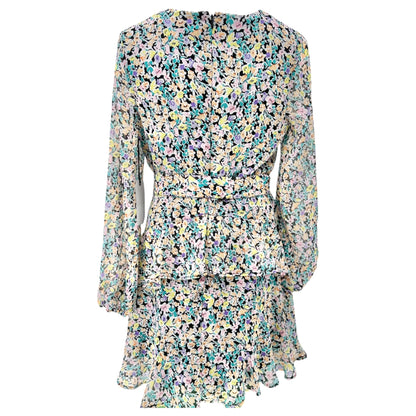 Leith Dress Womens M Blue Ditsy Floral Tie-Waist Ruffled Hem Sheer Long Sleeves