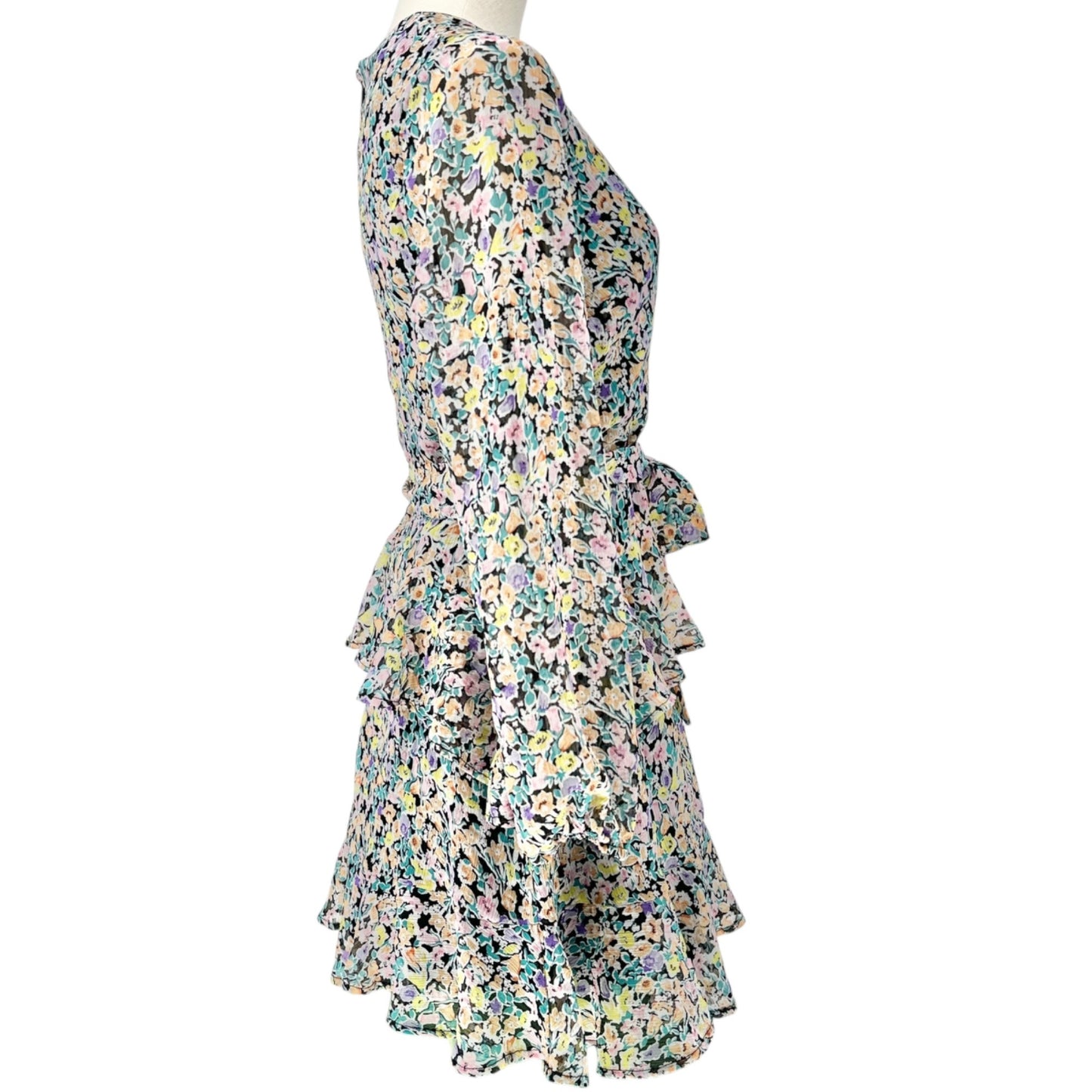 Leith Dress Womens M Blue Ditsy Floral Tie-Waist Ruffled Hem Sheer Long Sleeves