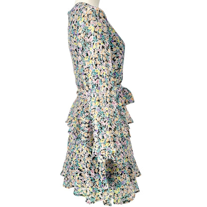 Leith Dress Womens M Blue Ditsy Floral Tie-Waist Ruffled Hem Sheer Long Sleeves