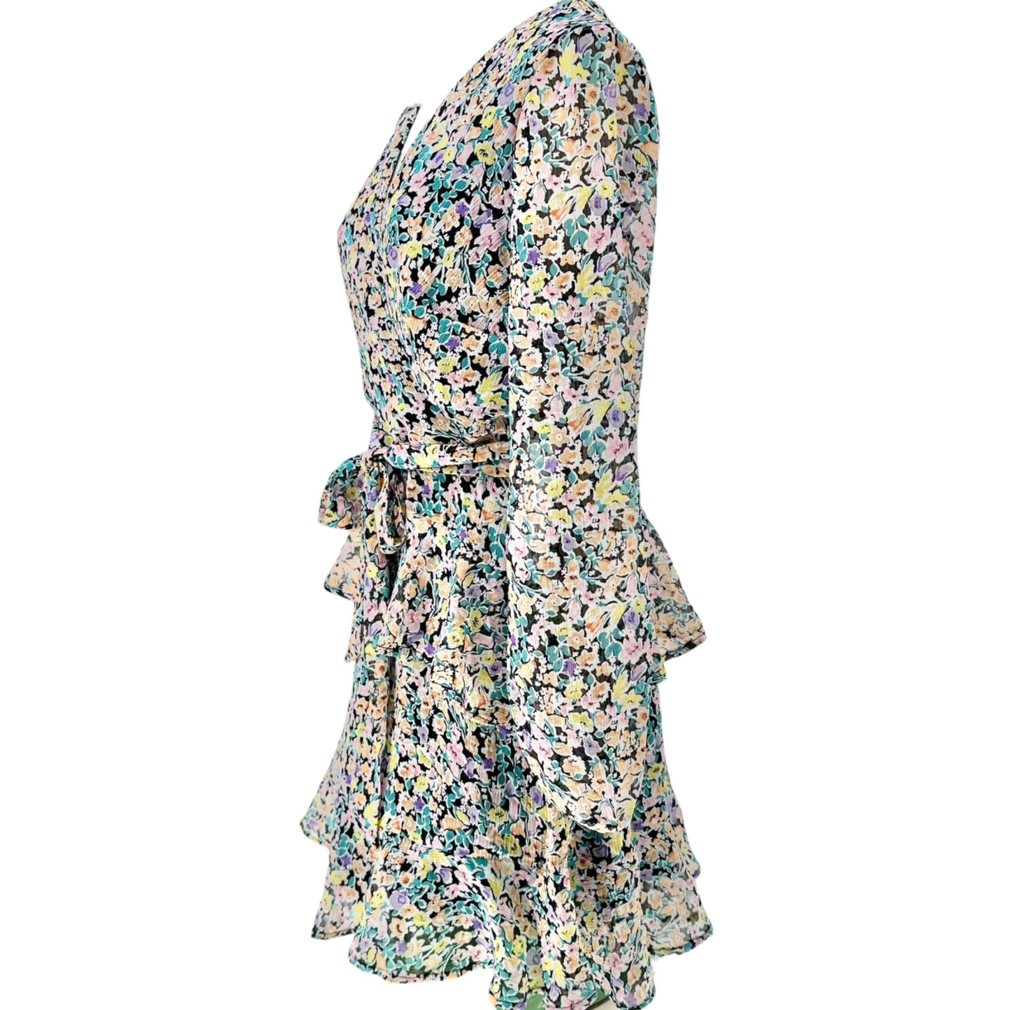 Leith Dress Womens M Blue Ditsy Floral Tie-Waist Ruffled Hem Sheer Long Sleeves