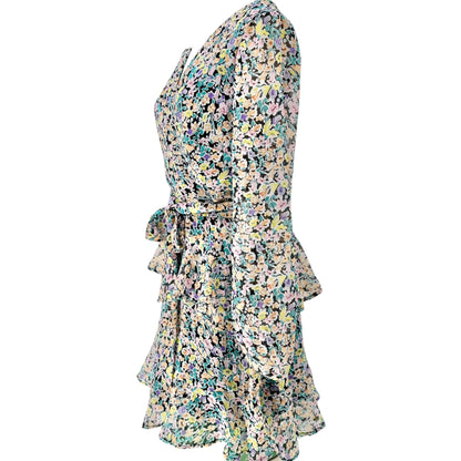 Leith Dress Womens M Blue Ditsy Floral Tie-Waist Ruffled Hem Sheer Long Sleeves