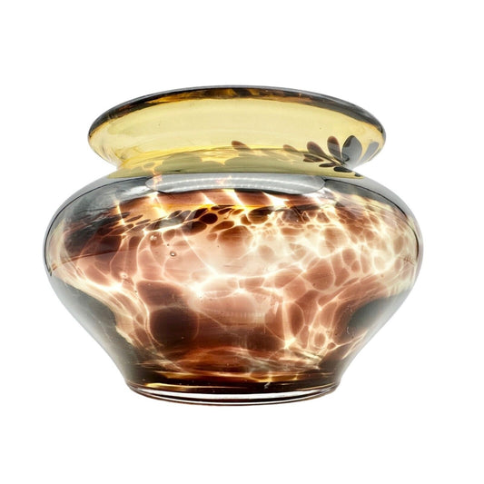 Handblown Tortoise Glass Vase Unique Brown and Amber Design 6.5" Dia x 4" Tall