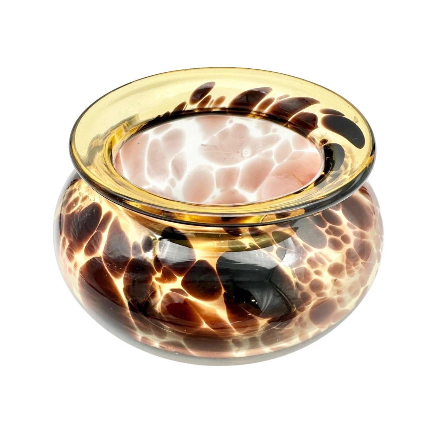 Handblown Tortoise Glass Vase Unique Brown and Amber Design 6.5" Dia x 4" Tall