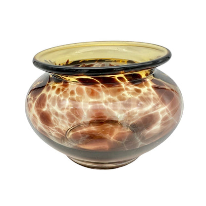 Handblown Tortoise Glass Vase Unique Brown and Amber Design 6.5" Dia x 4" Tall
