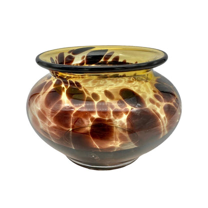 Handblown Tortoise Glass Vase Unique Brown and Amber Design 6.5" Dia x 4" Tall