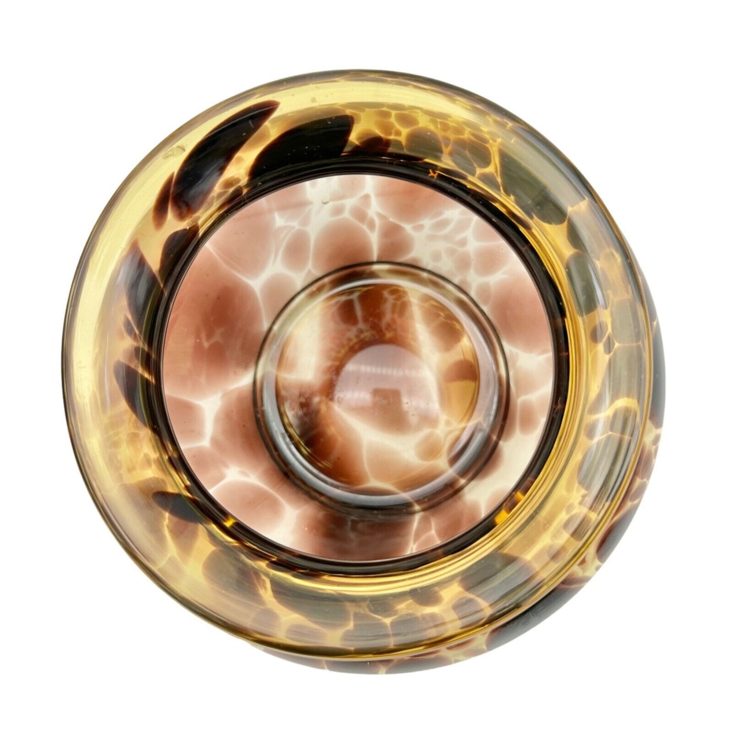 Handblown Tortoise Glass Vase Unique Brown and Amber Design 6.5" Dia x 4" Tall