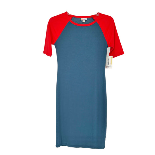 LuLaRoe Retired Julia Dress XXS Blue with Red Raglan SS Form Fitting NWT