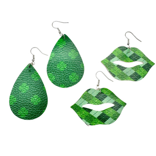 Two Pairs of St. Patrick's Day Earrings 1 Lips 1 Teardrop Shamrocks Plaid NEW