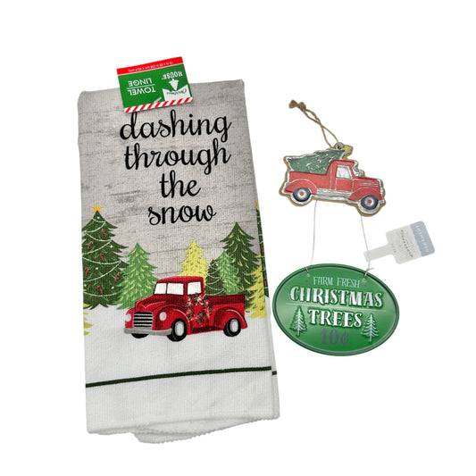 Christmas Winter Set Kitchen Towel 15x25 plus 2 Matching Tree Themed Ornaments