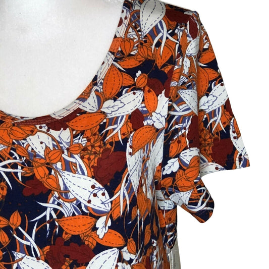 LuLaRoe Classic T Women's Medium Top Orange White Red Leaves Navy Blue NWT