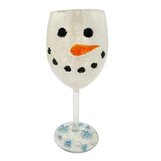 Hand Painted Snowman Frosted Wine Glass
