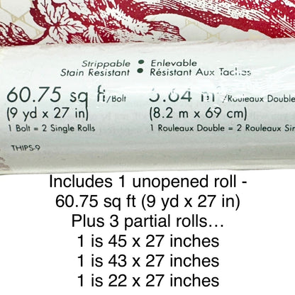 Thibaut Red White Toile Wallpaper Rolls 60.75 SF plus Strippable Stain Resistant