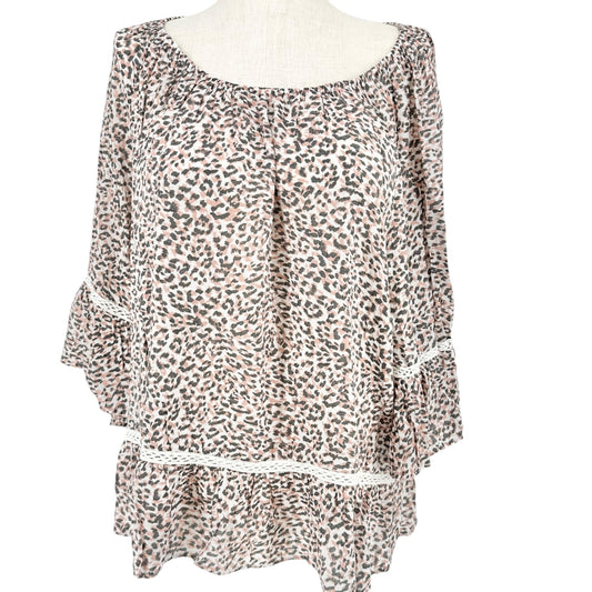 Leopard Print Top Womens 2X White Gray Blush Lace Trim Bell Sleeves Zac & Rachel