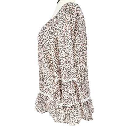 Leopard Print Top Womens 2X White Gray Blush Lace Trim Bell Sleeves Zac & Rachel