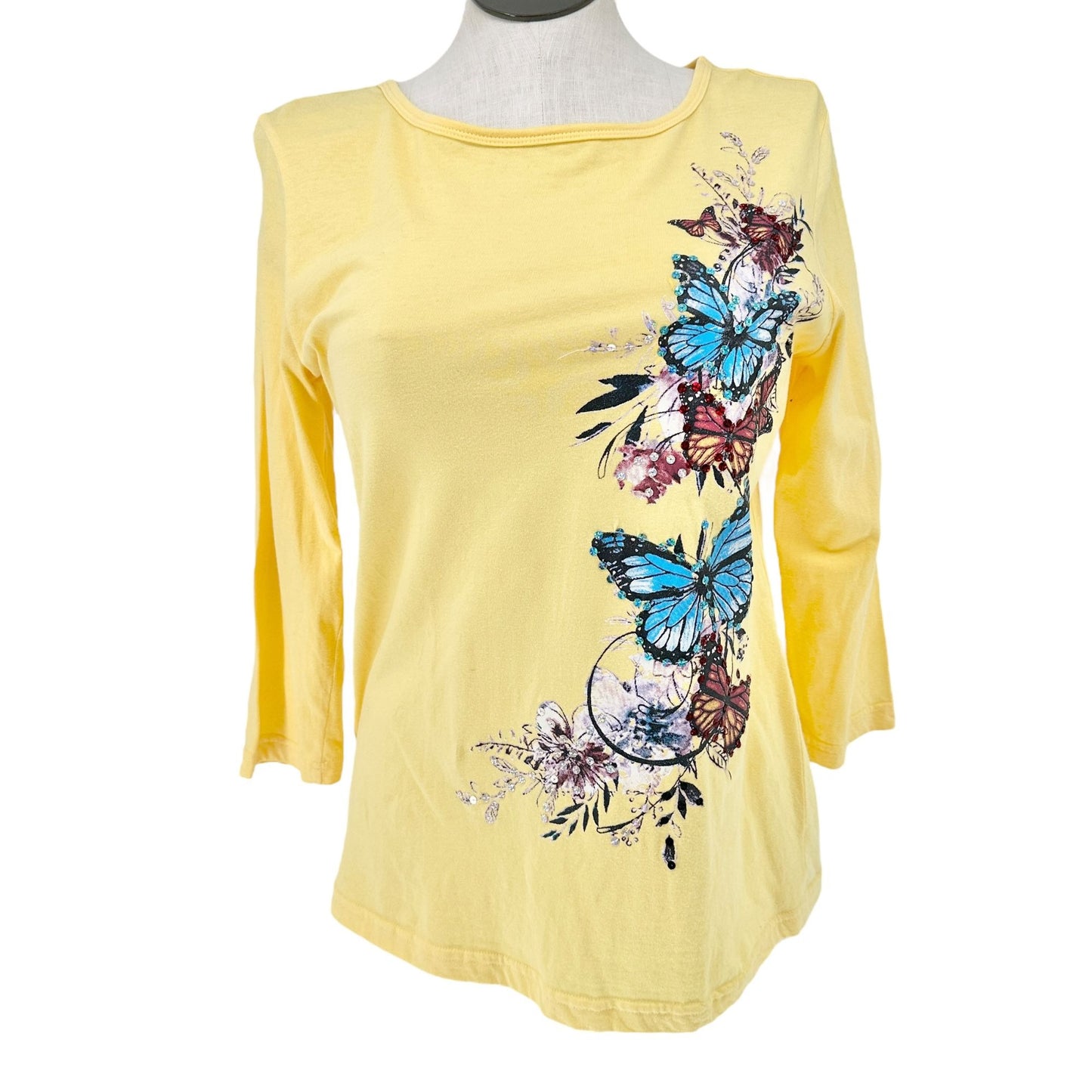 Collections Etc Shirt Womens M Yellow Butterfly Embellished 3/4 Sleeve Cotton