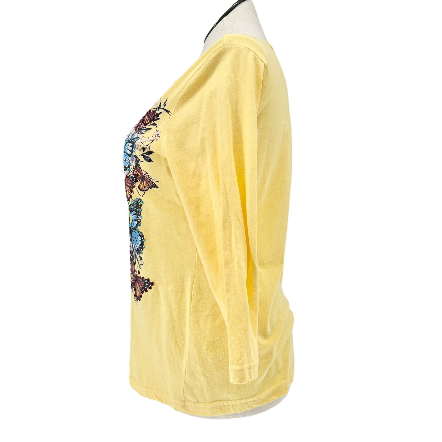 Collections Etc Shirt Womens M Yellow Butterfly Embellished 3/4 Sleeve Cotton