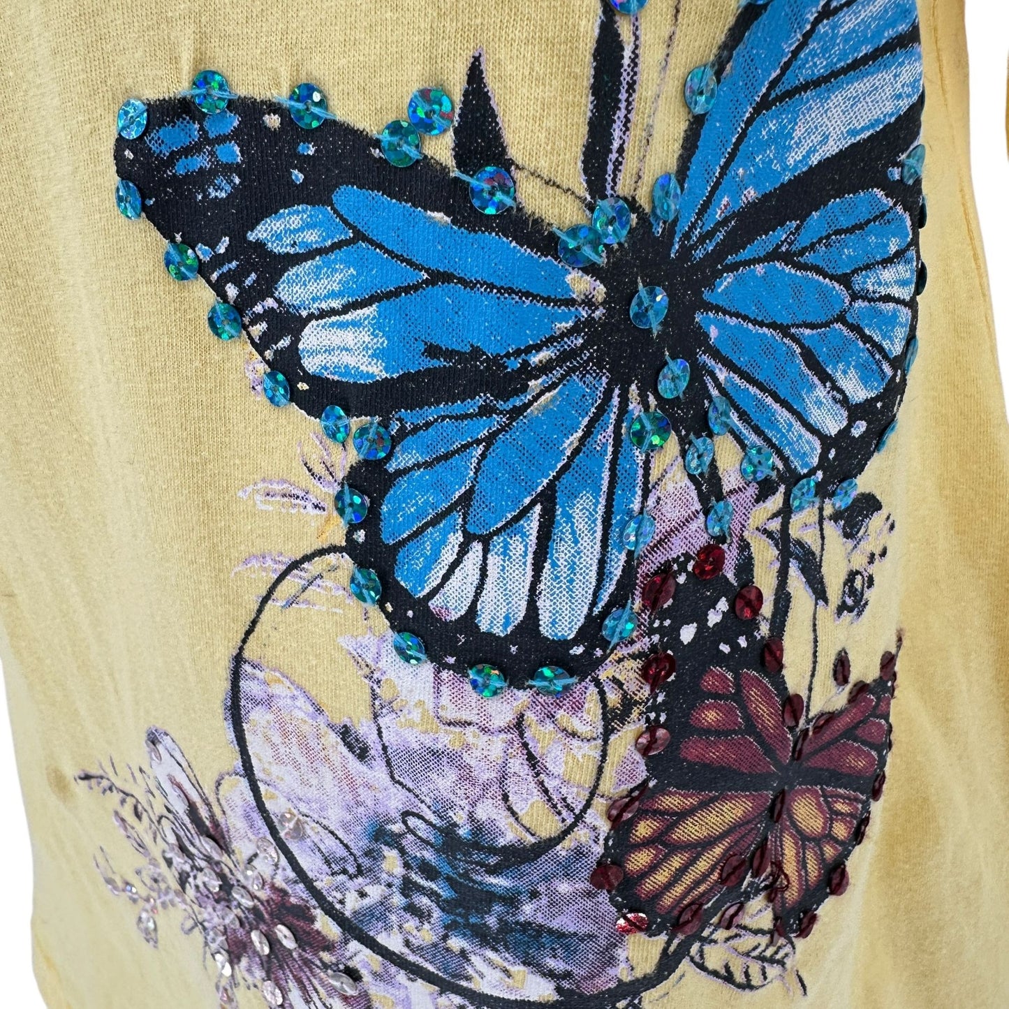 Collections Etc Shirt Womens M Yellow Butterfly Embellished 3/4 Sleeve Cotton