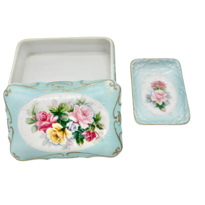 Vintage Porcelain Trinket Box and Matching Tray Floral Design Blue Gold Accents