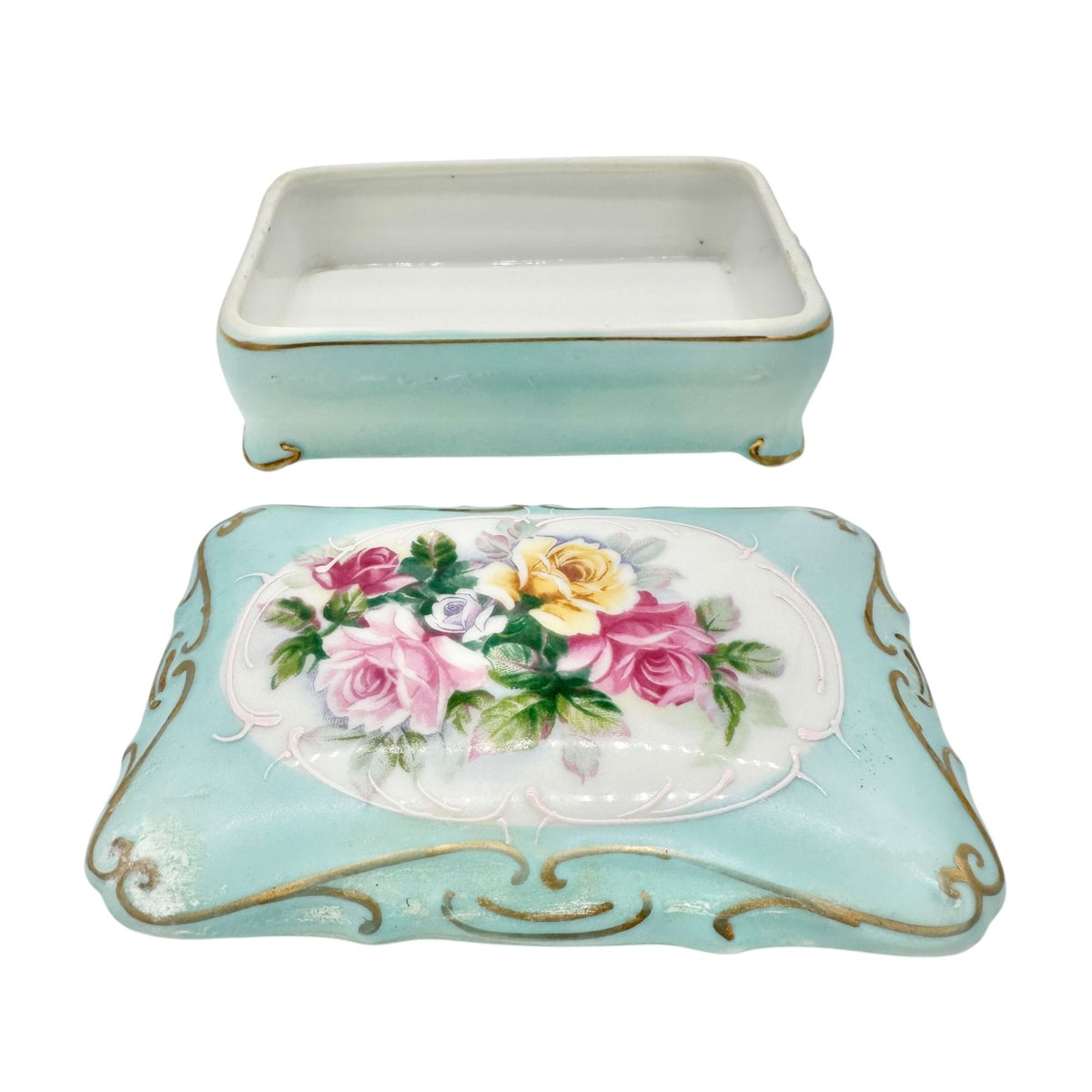 Vintage Porcelain Trinket Box and Matching Tray Floral Design Blue Gold Accents