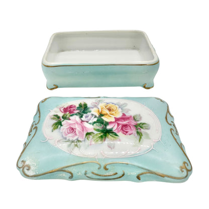 Vintage Porcelain Trinket Box and Matching Tray Floral Design Blue Gold Accents