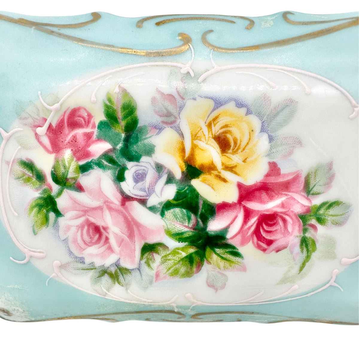 Vintage Porcelain Trinket Box and Matching Tray Floral Design Blue Gold Accents