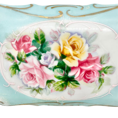 Vintage Porcelain Trinket Box and Matching Tray Floral Design Blue Gold Accents