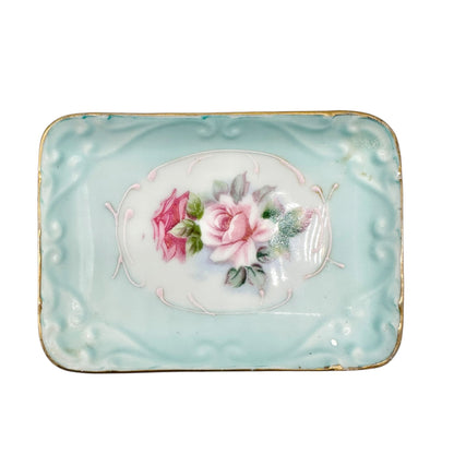 Vintage Porcelain Trinket Box and Matching Tray Floral Design Blue Gold Accents