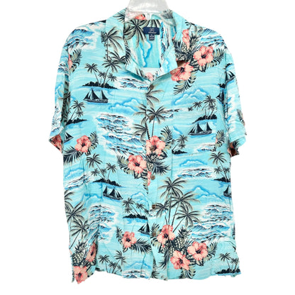 George Tropical Hawaiian Shirt Mens XL Lt Blue Pink Hibiscus Sailboats Rayon SS