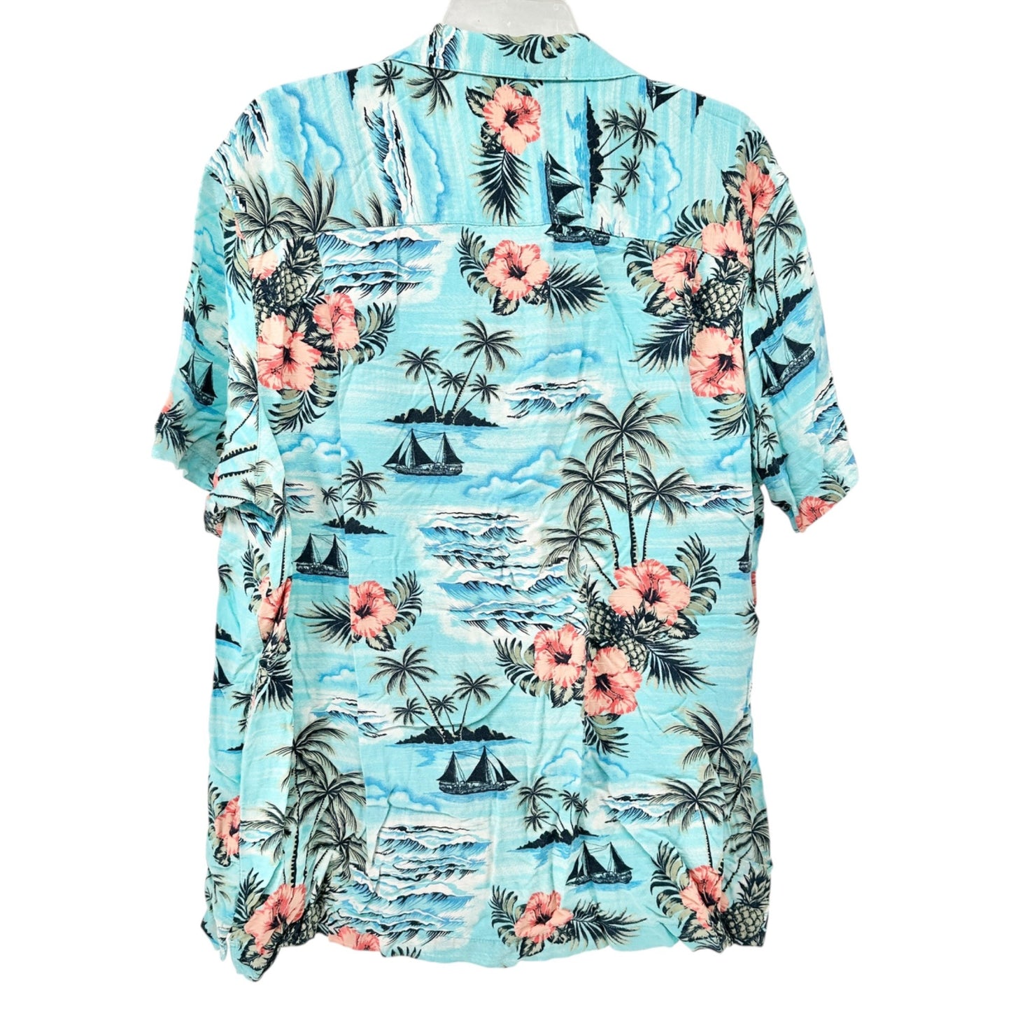 George Tropical Hawaiian Shirt Mens XL Lt Blue Pink Hibiscus Sailboats Rayon SS