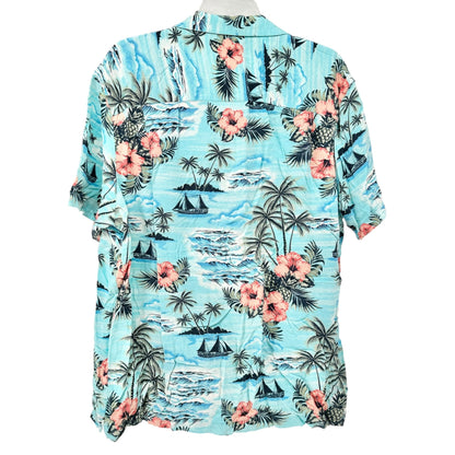 George Tropical Hawaiian Shirt Mens XL Lt Blue Pink Hibiscus Sailboats Rayon SS