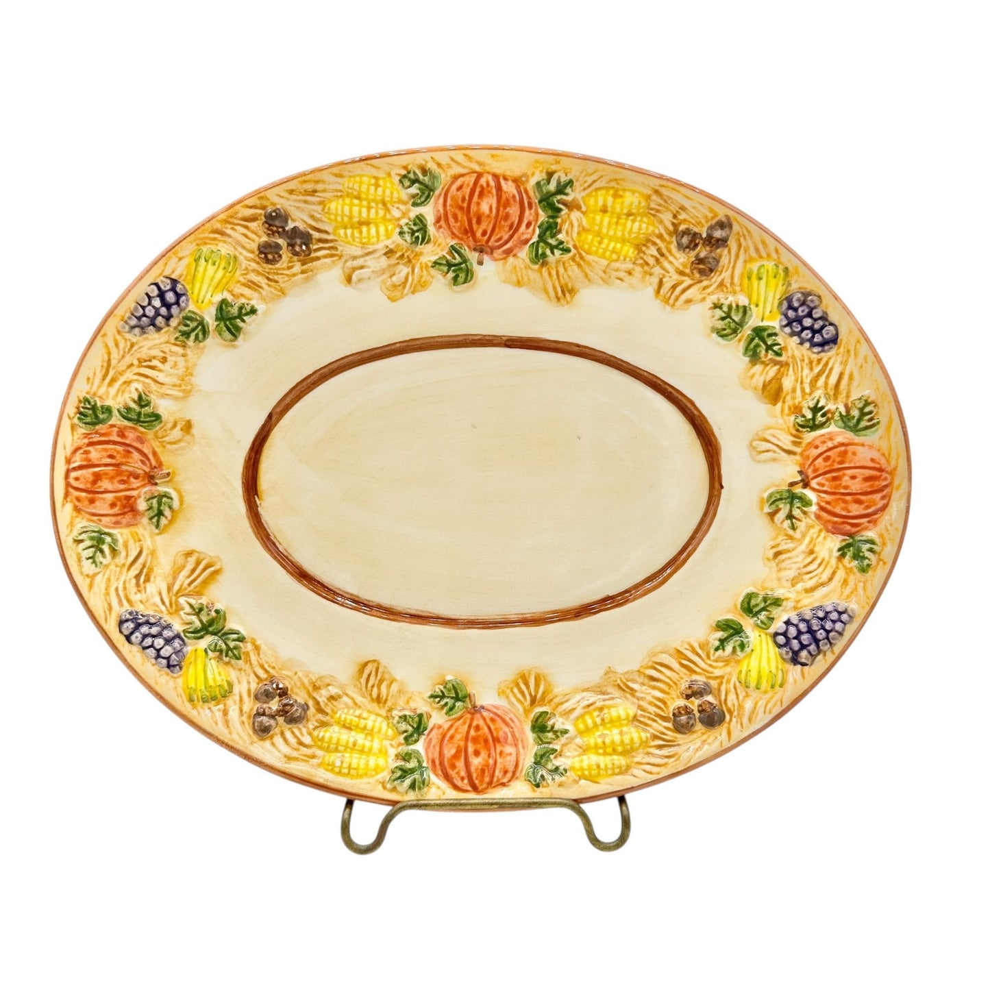 Handpainted Ceramic Harvest Design Platter  9 X 7 Oval Fall Thanksgiving Decor