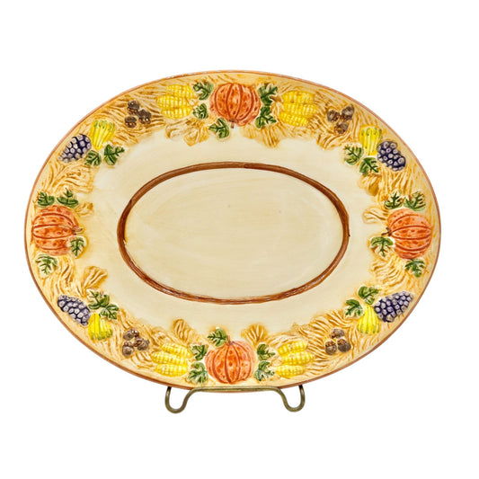 Handpainted Ceramic Harvest Design Platter  9 X 7 Oval Fall Thanksgiving Decor