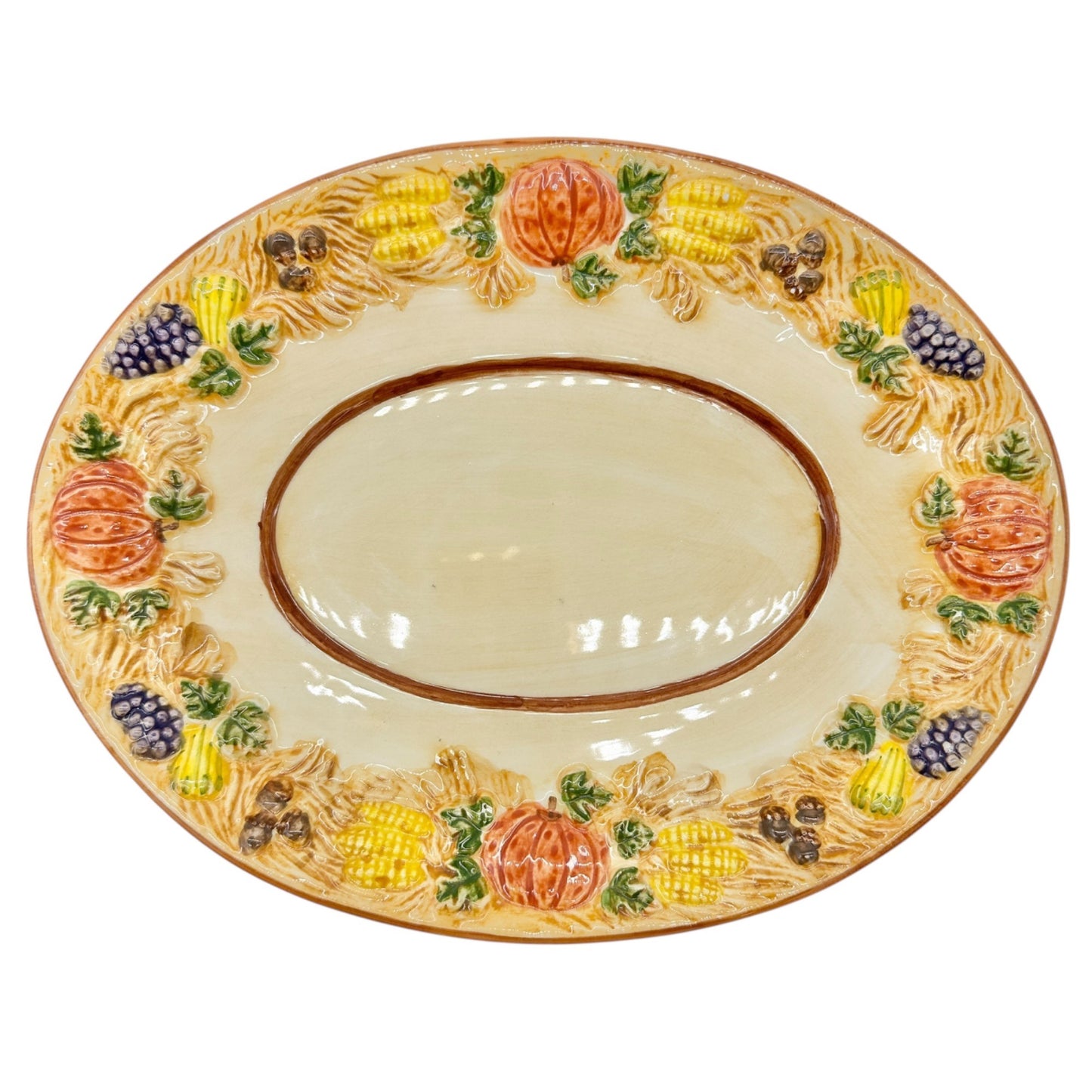 Handpainted Ceramic Harvest Design Platter  9 X 7 Oval Fall Thanksgiving Decor