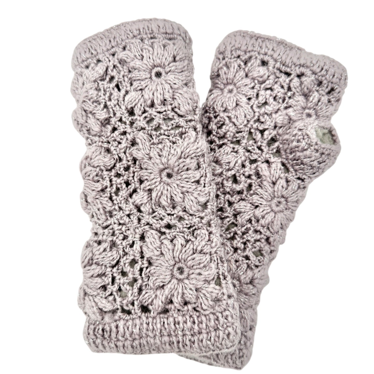 Crochet Fingerless Gloves Floral Design Fleece Lining Lavender Gray Womens