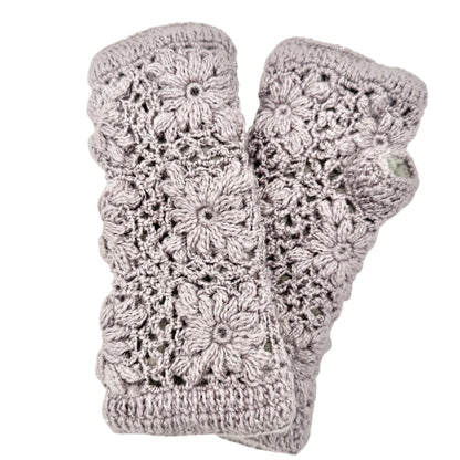 Crochet Fingerless Gloves Floral Design Fleece Lining Lavender Gray Womens