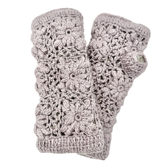 Crochet Fingerless Gloves Floral Design Fleece Lining Lavender Gray Womens