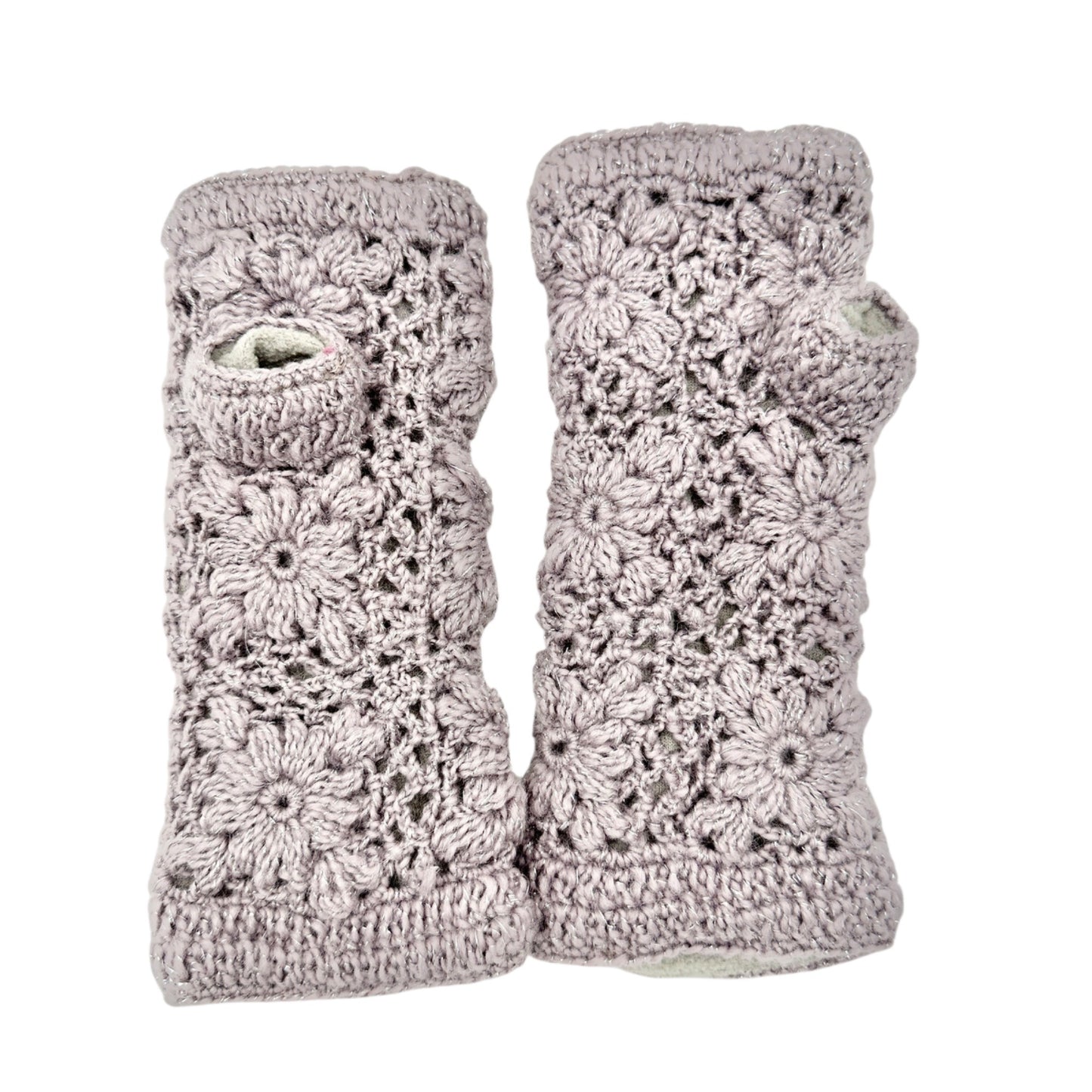 Crochet Fingerless Gloves Floral Design Fleece Lining Lavender Gray Womens