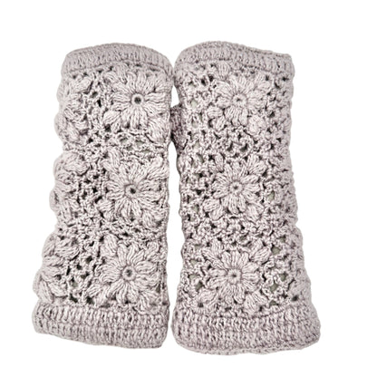 Crochet Fingerless Gloves Floral Design Fleece Lining Lavender Gray Womens