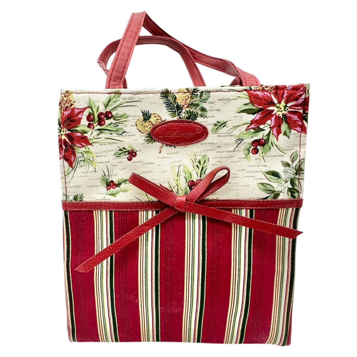 Longaberger Canvas Tote Or Gift Bag Red Green Stripes Floral Pattern EUC 9x8x3.5