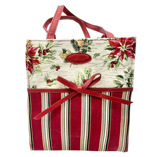 Longaberger Canvas Tote Or Gift Bag Red Green Stripes Floral Pattern EUC 9x8x3.5