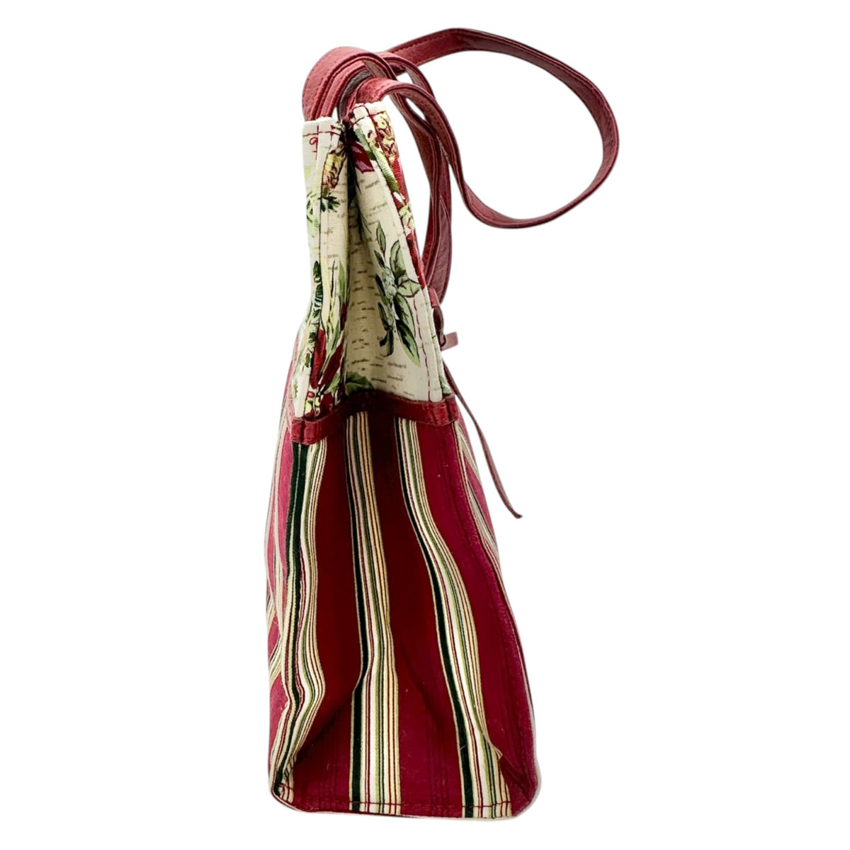 Longaberger Canvas Tote Or Gift Bag Red Green Stripes Floral Pattern EUC 9x8x3.5