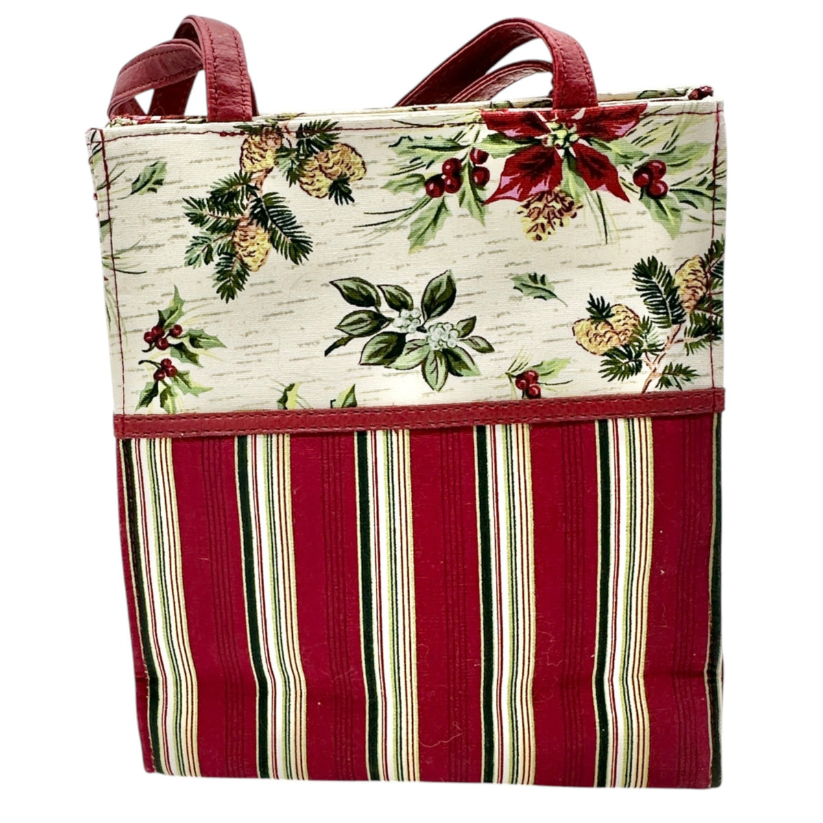 Longaberger Canvas Tote Or Gift Bag Red Green Stripes Floral Pattern EUC 9x8x3.5
